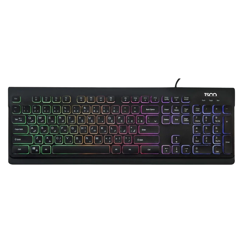 کیبورد گیمینگ بی‌سیم تسکو مدل TK 8031 با سوییچ ممبران، Full Size، نورپردازی صفحه کلید RGB، حروف حک شده فارسی، اتصال Plug & Play
